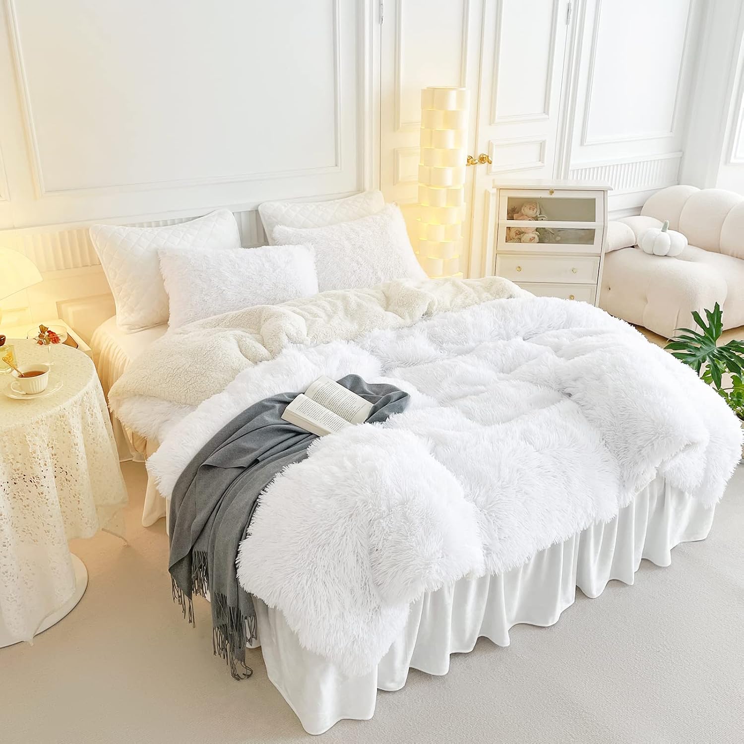 UOZZI BEDDING White Faux Fur Comforter Set King 3 Pieces - 1 White Shaggy Comforter with 2 Pillowcases - Ultra Soft and Easy Care Luxury Plush Warm Winter Duvet Set - Image 2