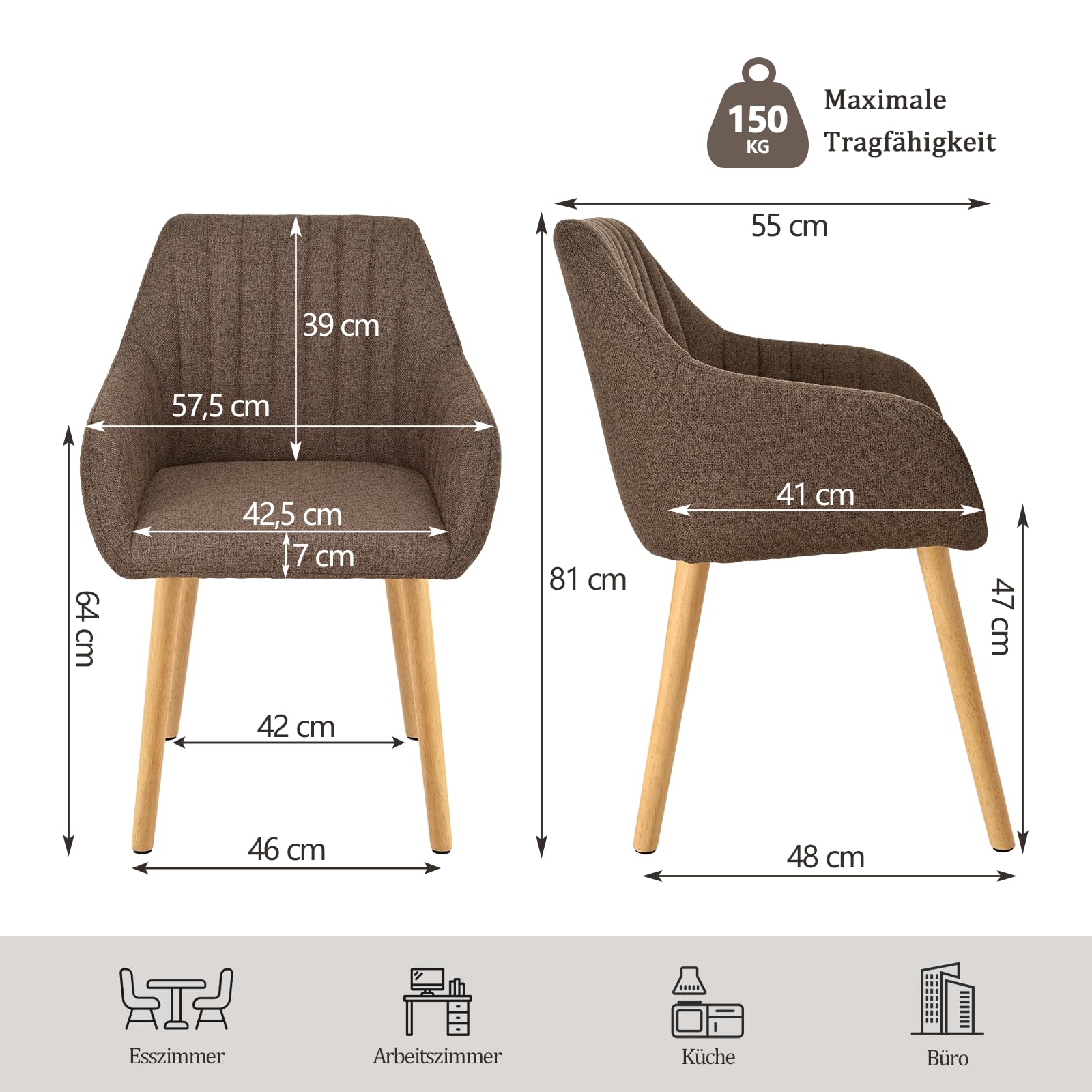 Sedie da pranzo beige con gambe in legno con bracciolo, set da 6 pezzi, per sala da pranzo, cucina, con braccioli in poliestere, per sala da pranzo, cucina, marrone