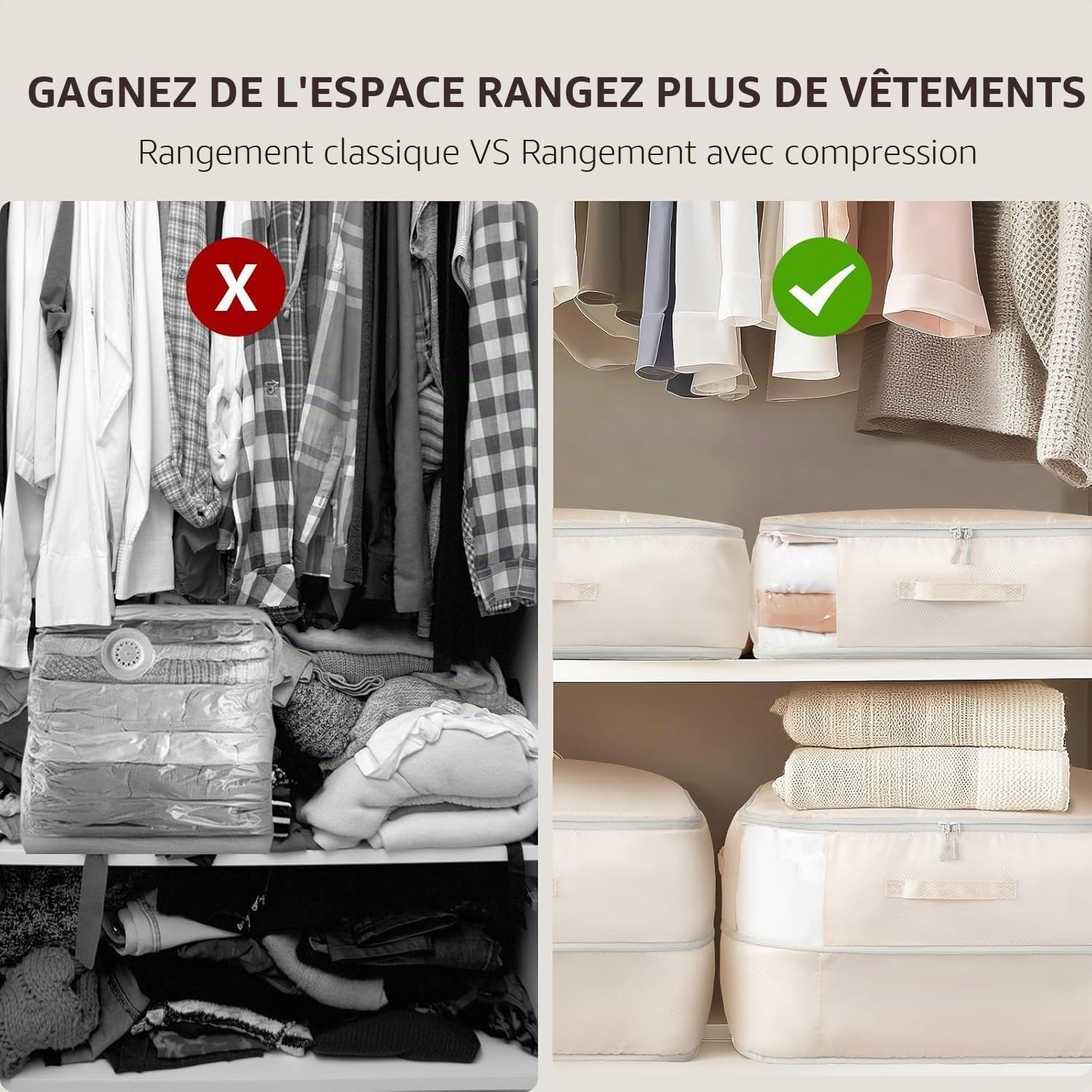 DIMJ Sac de Compression - Housse de Rangement Vetement Couette Lot de 4, avec Poignées Renforcées, Organisateur D'auto-Compression pour Couettes, Vêtements, Oreillers, Linge de Lit, Beige