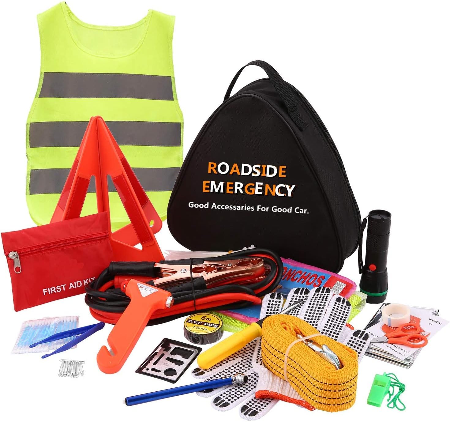 Sailnovo Car Emergency Kit - Multipurpose 76 Pieces Emergency Kit with Jumper Cables, Tow Rope(10ft), Reflective Triangles, Car Kit for Women and Men, Auto Safety Roadside Assistance Car kit