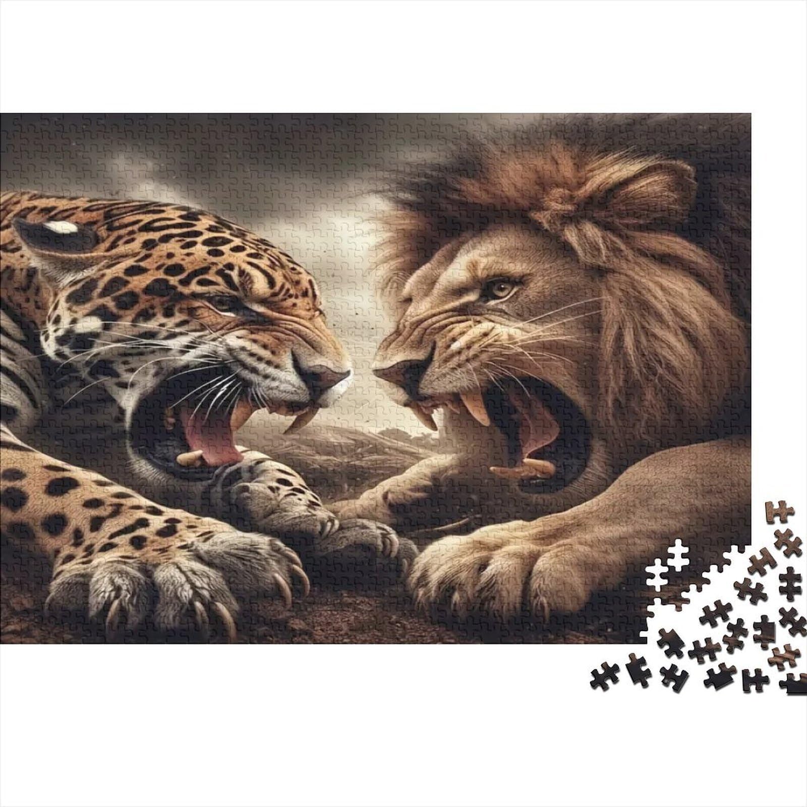 Wild Leopard Lion Duel 1000 Piece Jigsaw Puzzle Paper for Adults Wildlife Scene Puzzle Game for Family Focus Stress Relief Home Gift 70x50cm/1000pcs