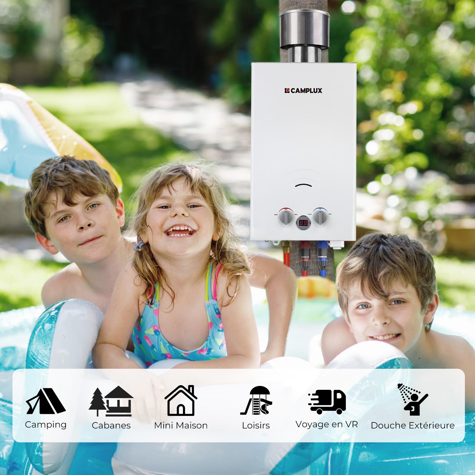 CAMPLUX BW264C 10 Litres Chauffe-eau à Gaz, Butane (28-30 mbar)/ Propane (37 mbar), avec Couvercle de Pluie, pour le Camping/RV