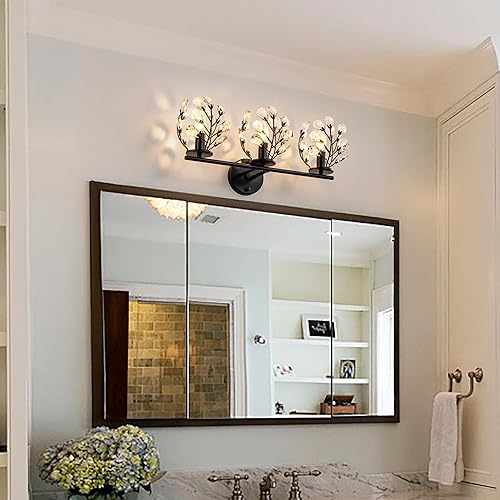 Miniatura 9 de TOCHIC Lámpara de tocador de baño de cristal negro de 3 luces, 23.43 pulgadas, moderna lámpara de pared regulable para tocador, gabinetes, sala de