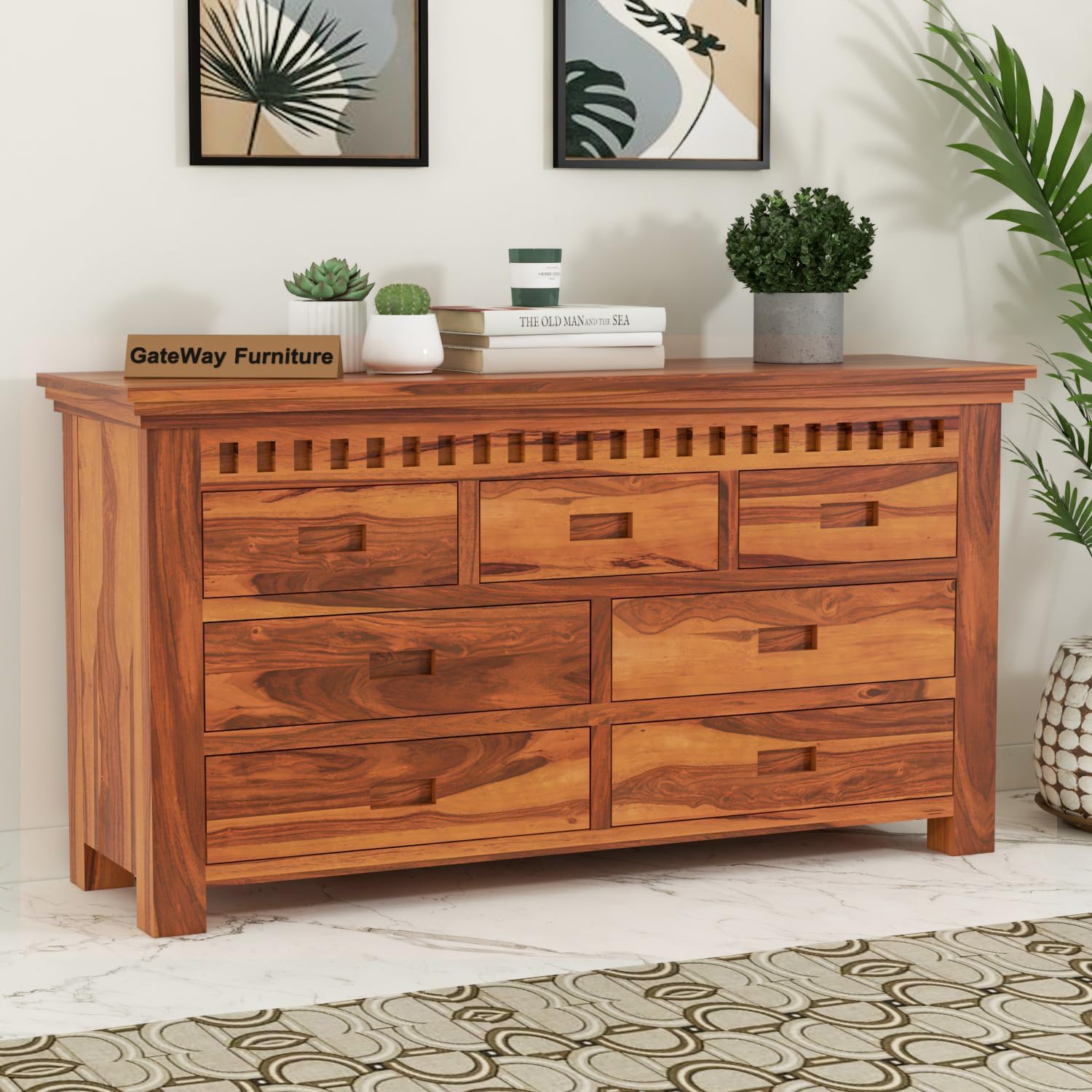 GateWay Furniture Solid Sheesham Wood Wooden Chest of Drawers with 7 Drawer Storage | Multipurpose Storage Cabinet Rack for Bedroom Home Living Room (Design 6, Honey Finish)-image-29