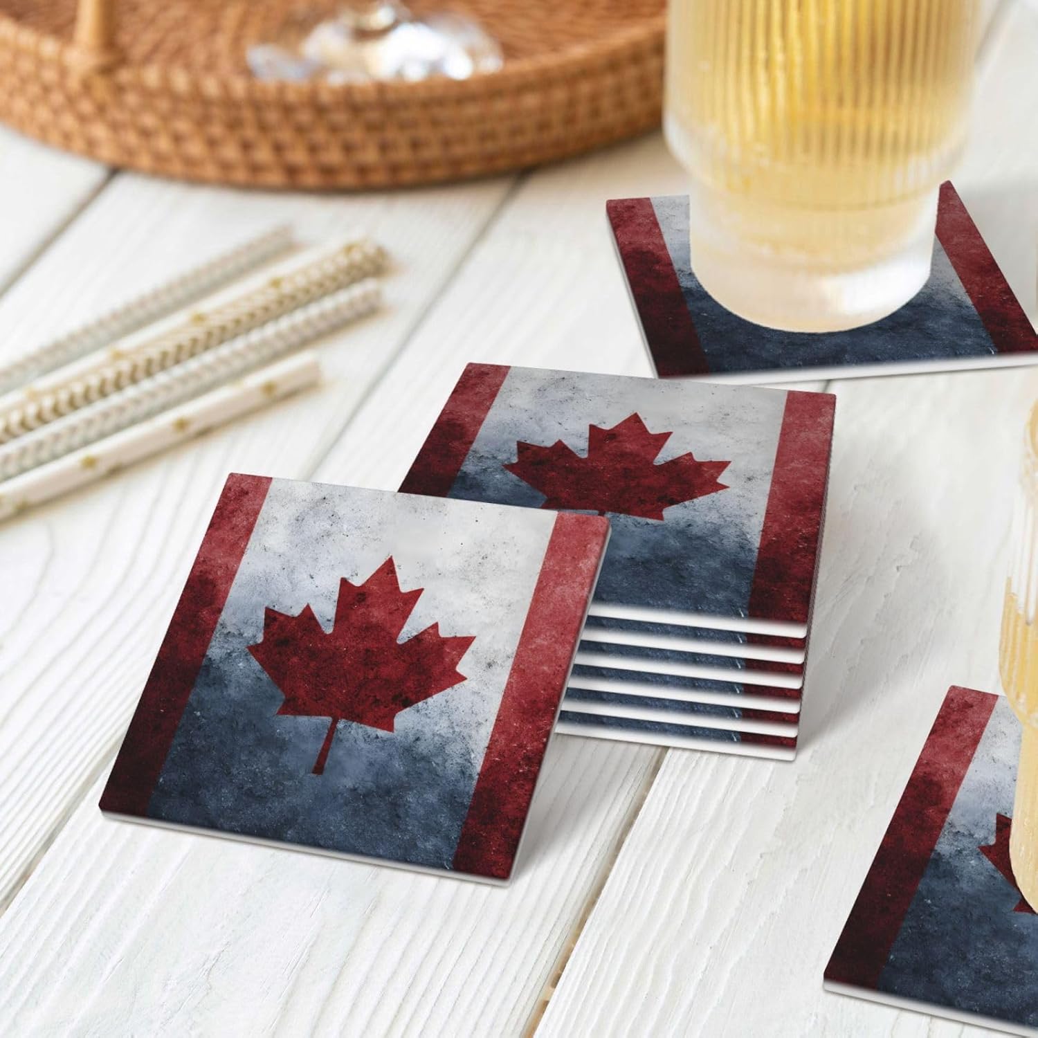 (Canada Flag) Ceramic Coasters Set of 6 with Holder Non-Slip Square Coffee Coasters for for Cup Mug Drink Patio Coffee Table Decor, Christmas Coasters Home Bar Supplies