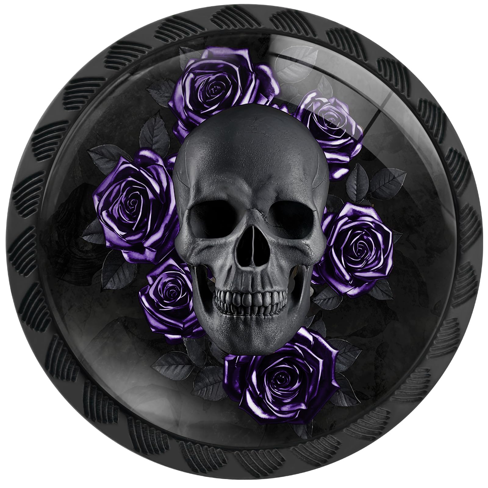 Artinhand Gothic Black Skull With Purple Roses 4 Pack Cabinet Knobs Round Drawer Pulls Black Dresser Knob Cupboard Door Handles Hardware For Kitchen Bathroom Cabinets