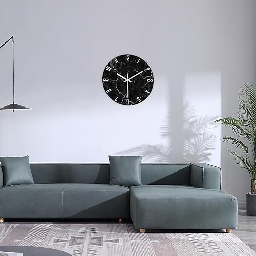Miniatura 4 de Relojes de pared minimalistas negros para sala de estar, relojes de pared con patrón de mármol de vidrio, funciona con pilas, reloj de pared