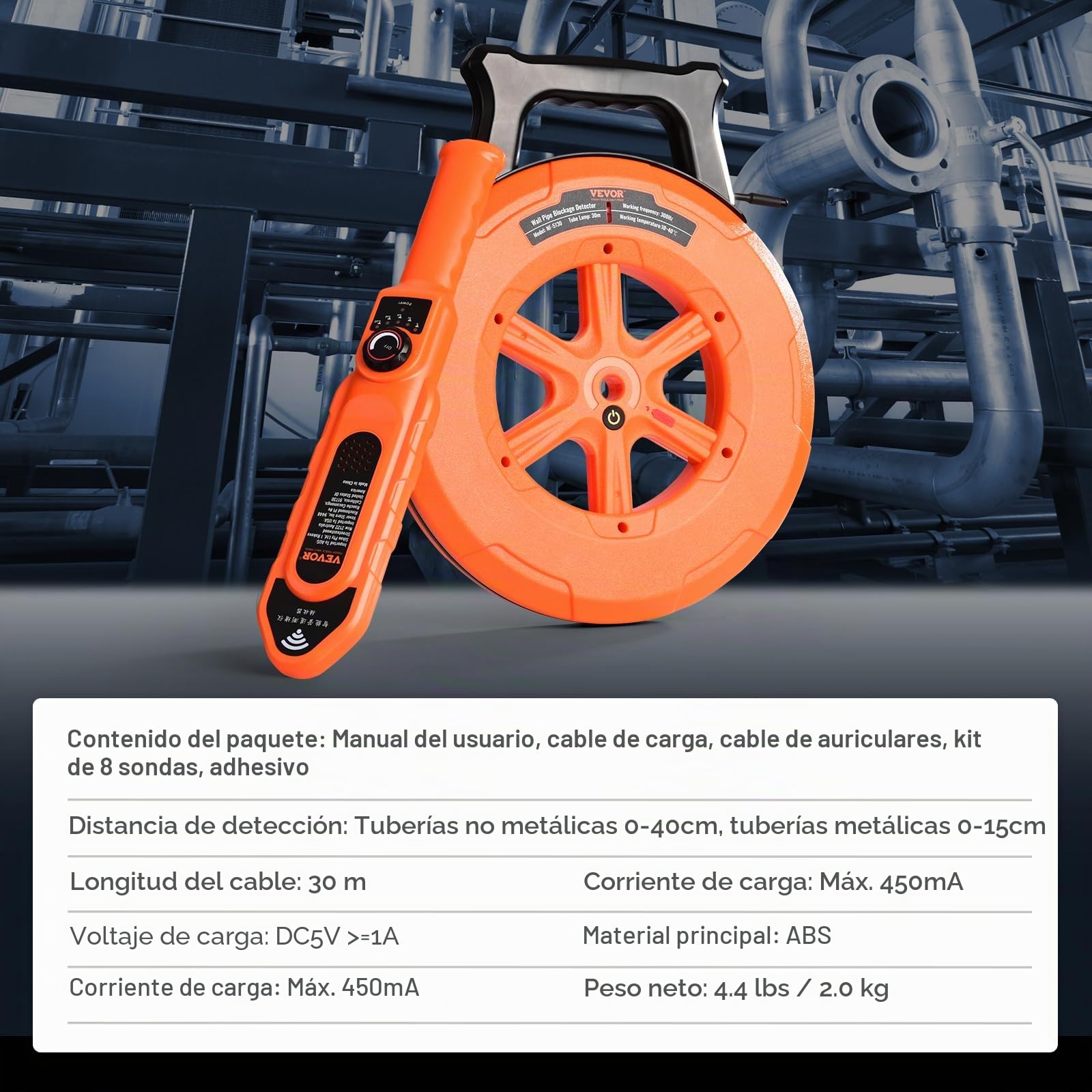 VEVOR Detector de bloqueo de tuberías Localizadores de tuberías 30m Impermeable IP67 Sensibilidad ajustable Escáner de pared de alcantarillado Herramienta de plomería para tubos de metal plástico PVC