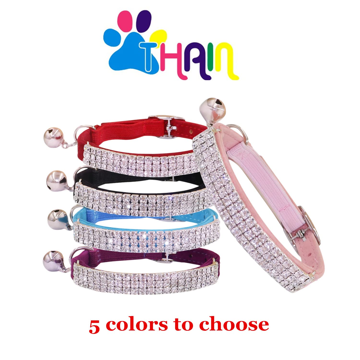 THAIN Hundehalsband mit Strasssteinen, weich, samtig, sicher, verstellbar, mit Glöckchen, 20,3–27,9 cm, für kleine Hunde und Katzen (Rosa + Schwarz)