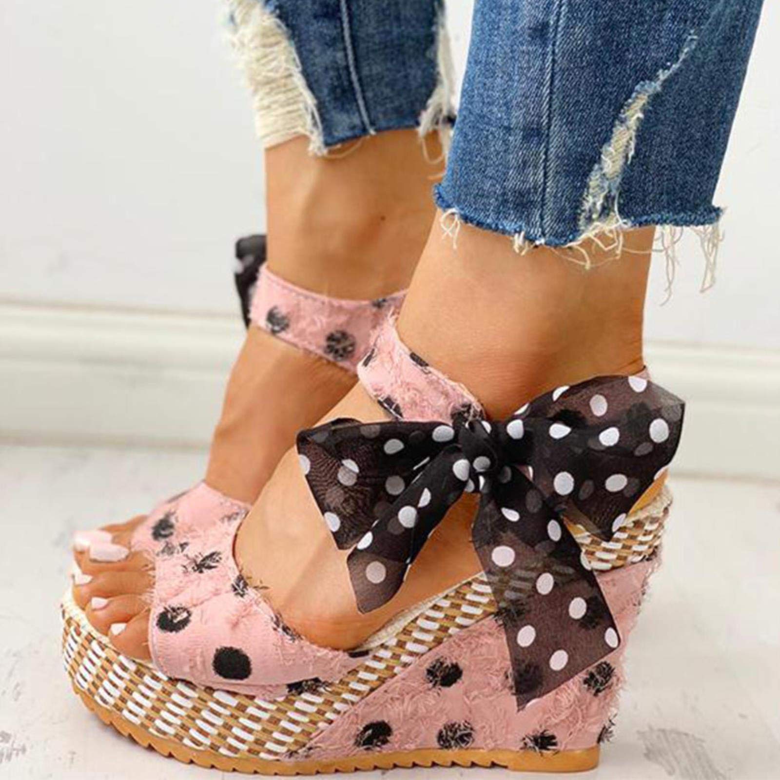 Sandalias de mujer con plataforma de punto Bowknot para mujer, zapatos casuales de aumento alto, con correa de tobillo abierta, sandalias de punta abierta, rosa, 37