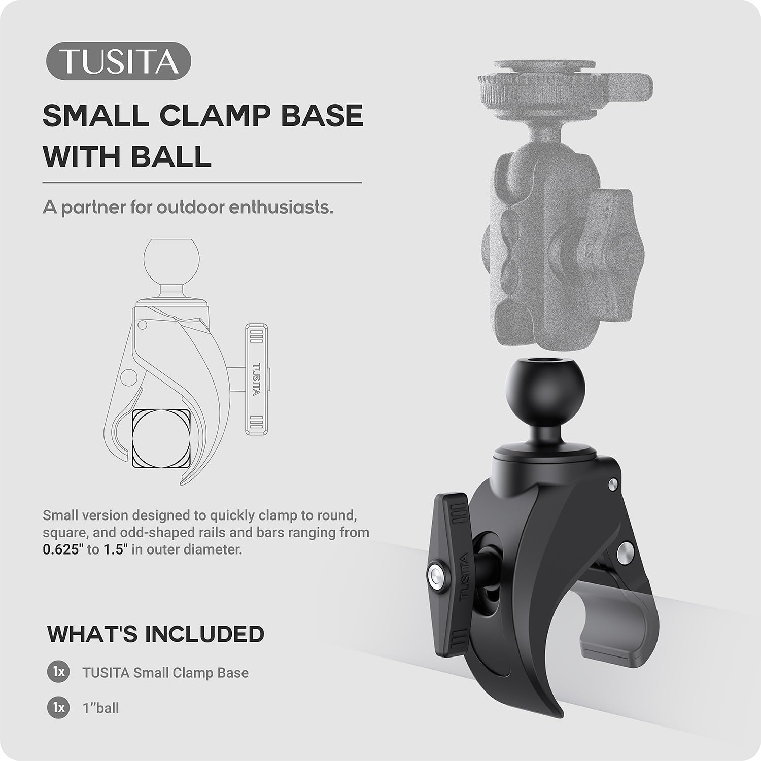 TUSITA Tough-Claw Piccola Base di Serraggio con 1" Sfera Dimensione B per Binari con 0.625" a 1.5" Diametro