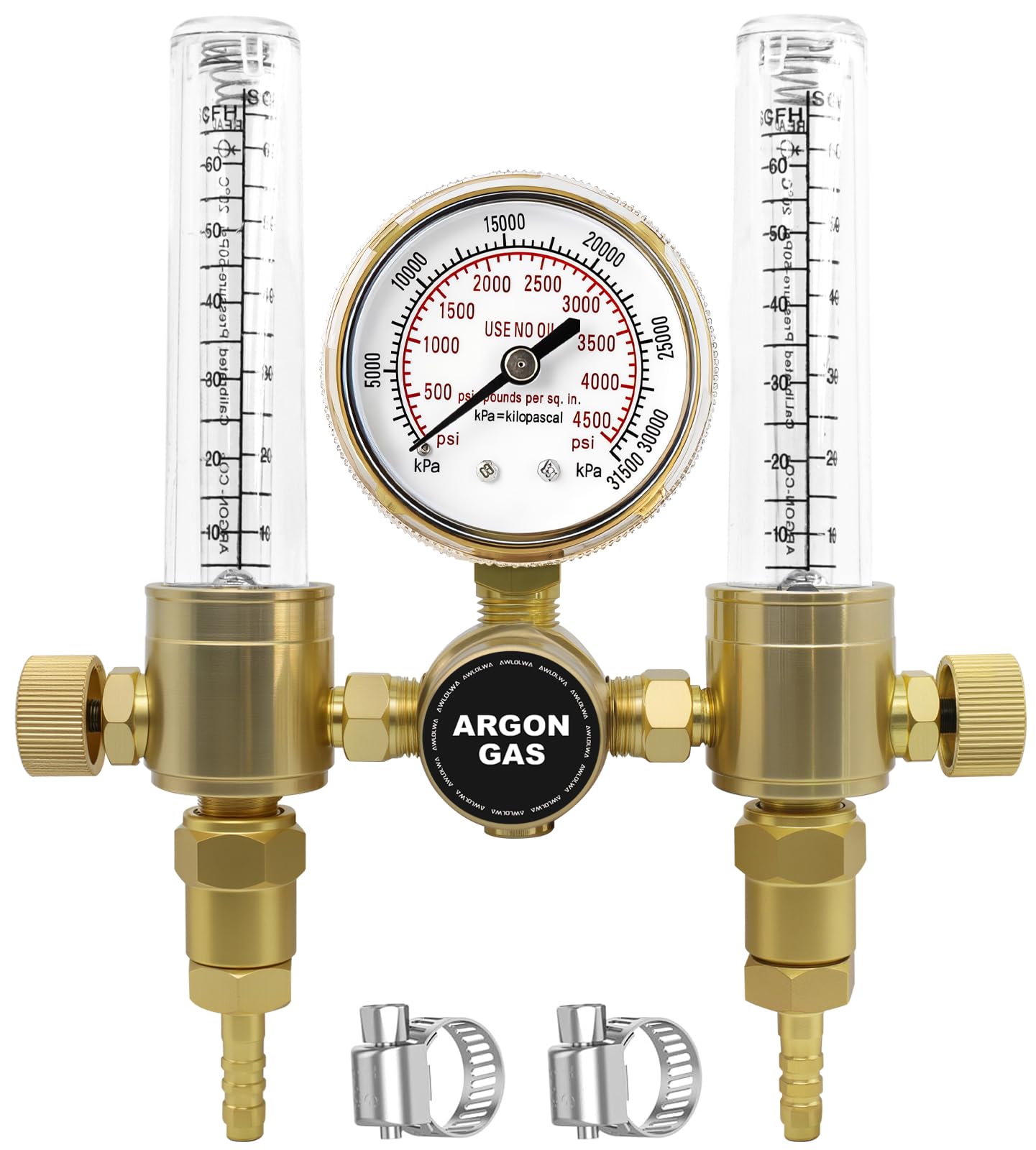 Dual Output Argon/CO2 Regulater Flowmeter for TIG MIG Welder 60 SFCH - CGA 580 Inlet Connection and 5/8" - 18RH Outlet Fitting