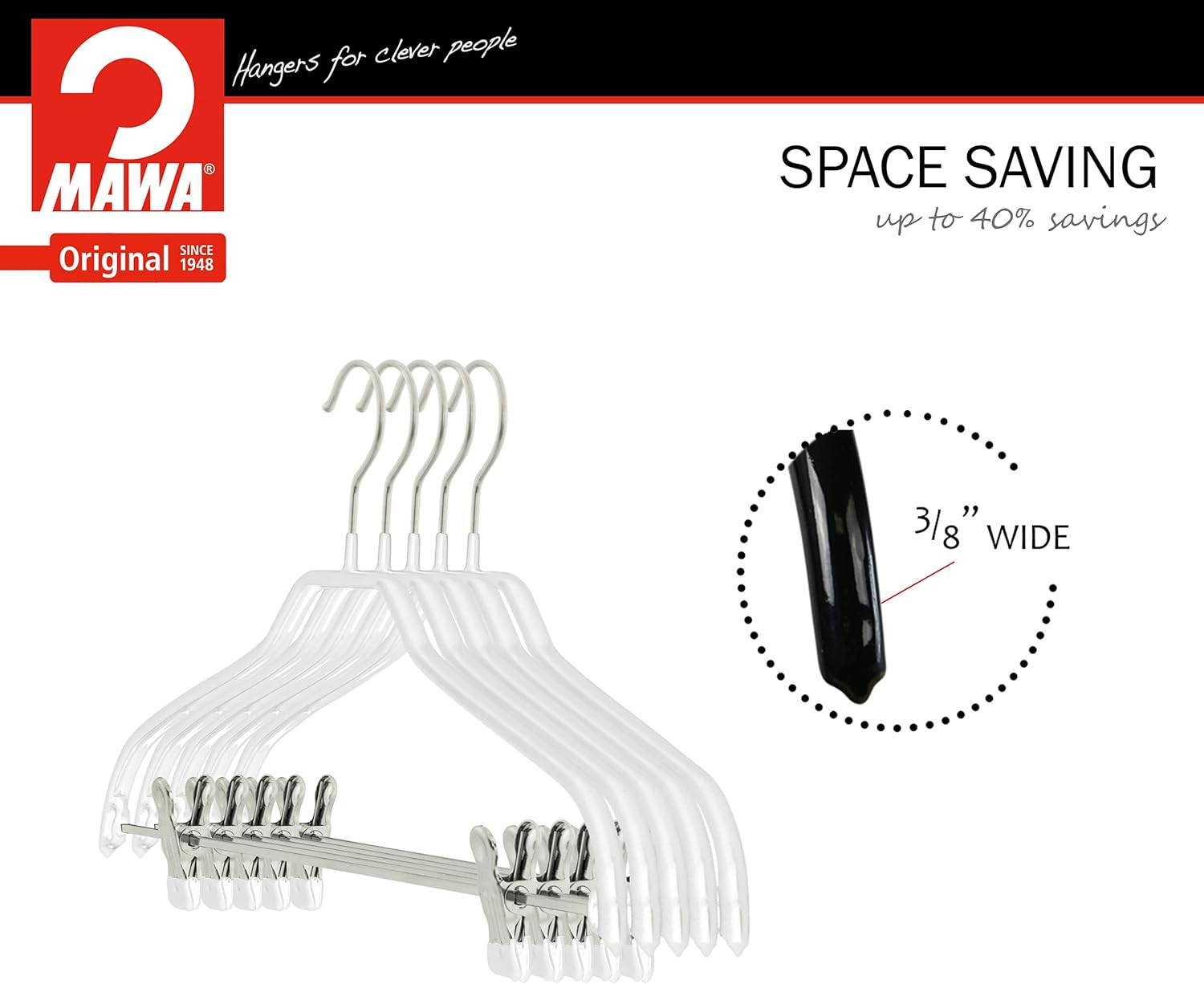 Mawa by Reston Lloyd Silhouette Series Non Slip Space Saving Hanger with Pant Clips, Style 40/FK,Set of 70, White