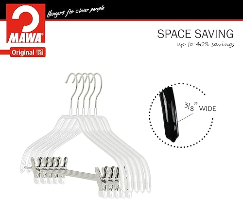 Miniatura 6 de Mawa by Reston Lloyd Silhouette Series - Percha antideslizante para ahorrar espacio con clips para pantalones, estilo 40FK, juego de 5, color blanco