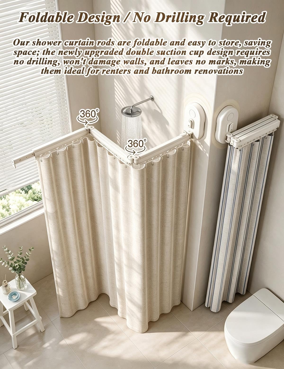 Tringle Rideau Douche sans Percage Pliable avec Double Ventouses