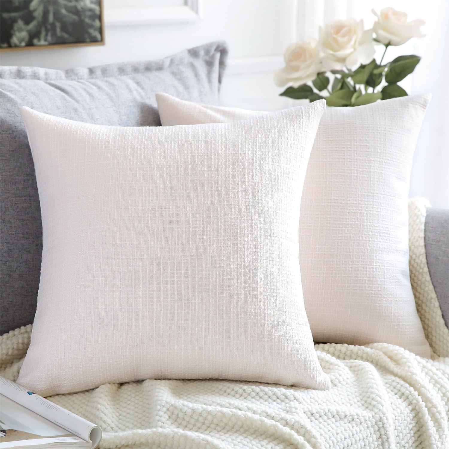 OTOSTAR Linen Throw Pillow Covers 2 Pack Decorative Square Pillowcases Cushion Covers 20x20 Inch for Home Decor Sofa Bedroom Car 50 x 50CM Cream White/Beige