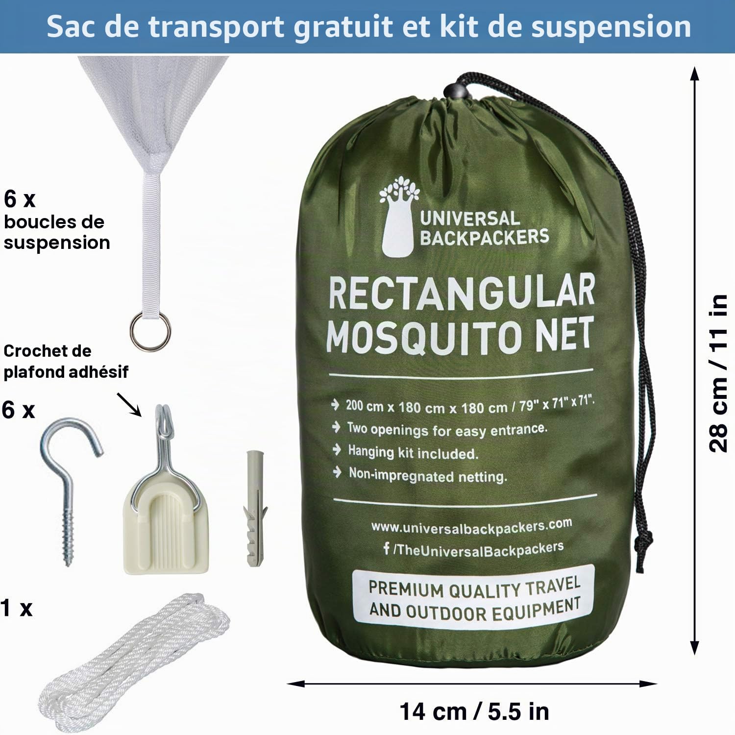 Moustiquaire pour Lit Double Blanc - 6 Boucles de Suspension et 2 Ouvertures Latérales - Kit de Suspension et Sac de Transport Inclus - Forme Rectangulaire Décorative pour la Maison et Le Voyage