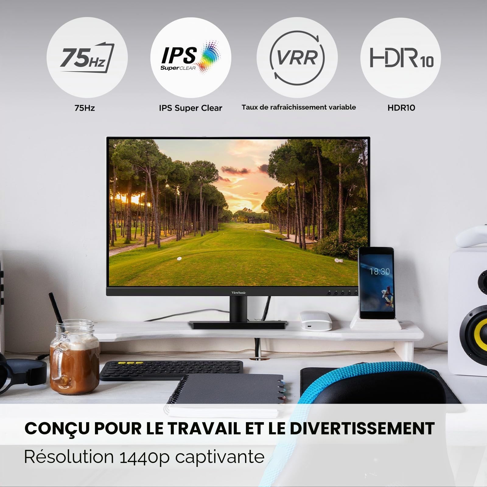 ViewSonic VS3225-2K Écran PC 32 Pouces QHD (2560p x 1440p), Panneau IPS, 75 Hz, 4 ms GTG, HDR10, HDMI, DP, sans Cadre, Garantie 2 Ans