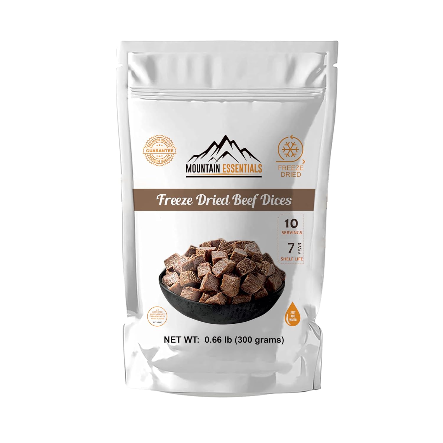 MOUNTAIN ESSENTIALS Freeze-Dried Diced Beef – Fully Cooked Pre-Cooked Meat | 240g High Protein Intake | 10 Servings per Pouch | Ready-to-Eat Meal Prep | Pantry Staples, Daily Meals, Emergency Survival, Camping Food | 7-Year Shelf Life | Made in USA | Pack of 6