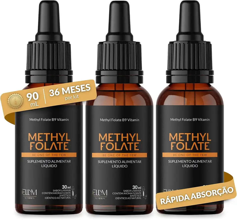 Vitamina B9 Metilfolato em Gotas Sublingual 30 mL ELLYM NUTRITION Sabor Laranja O Ácido Fólico Auxilia na Formação do Tubo Neural do Feto Durante a Gravidez (90 mL)