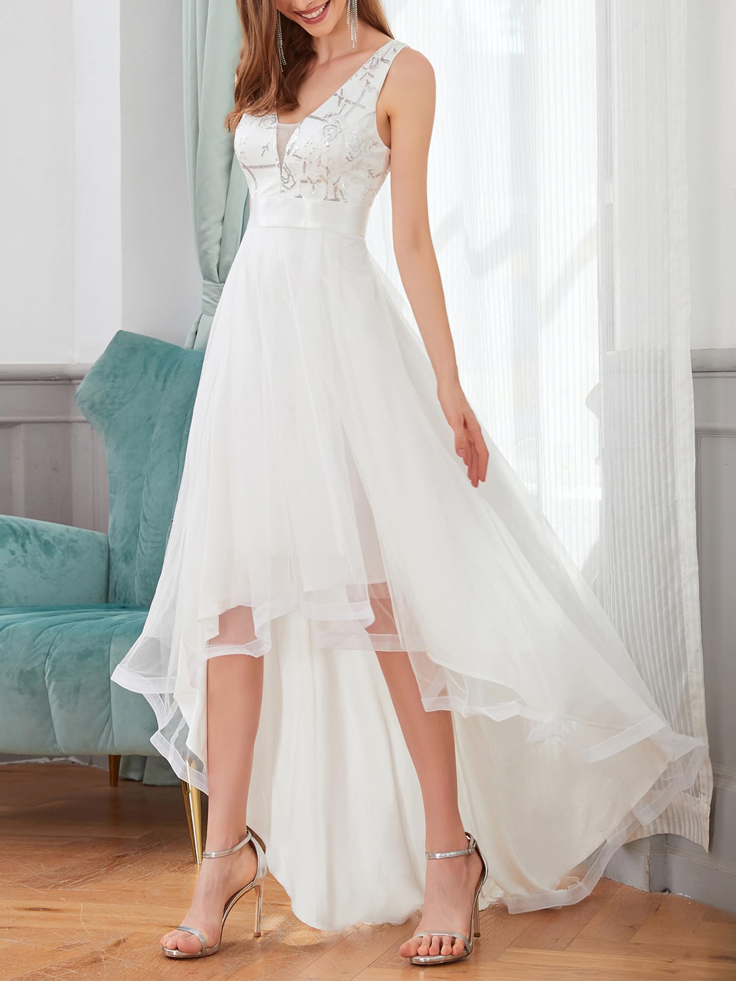 Ever-Pretty Asimétrico Vestido de Fiesta Largo Mujer Tul Lentejuelas Alto Bajo Escote V A-línea Imperio 00793