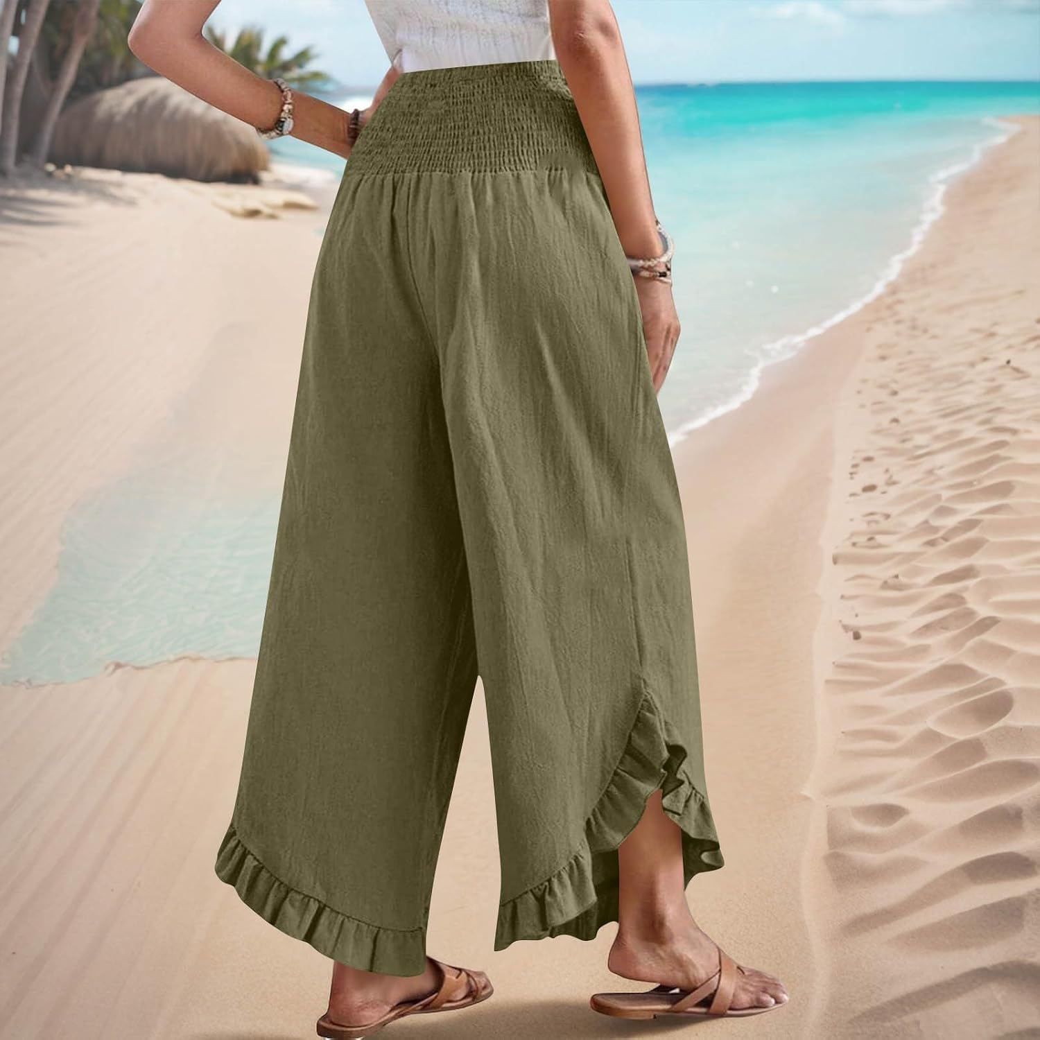 Women's Linen Pants Summer 2025 Wide Leg Pants Smocked Waist Ruffle Hem Palazzo Pant Boho Flowy Beach Pant