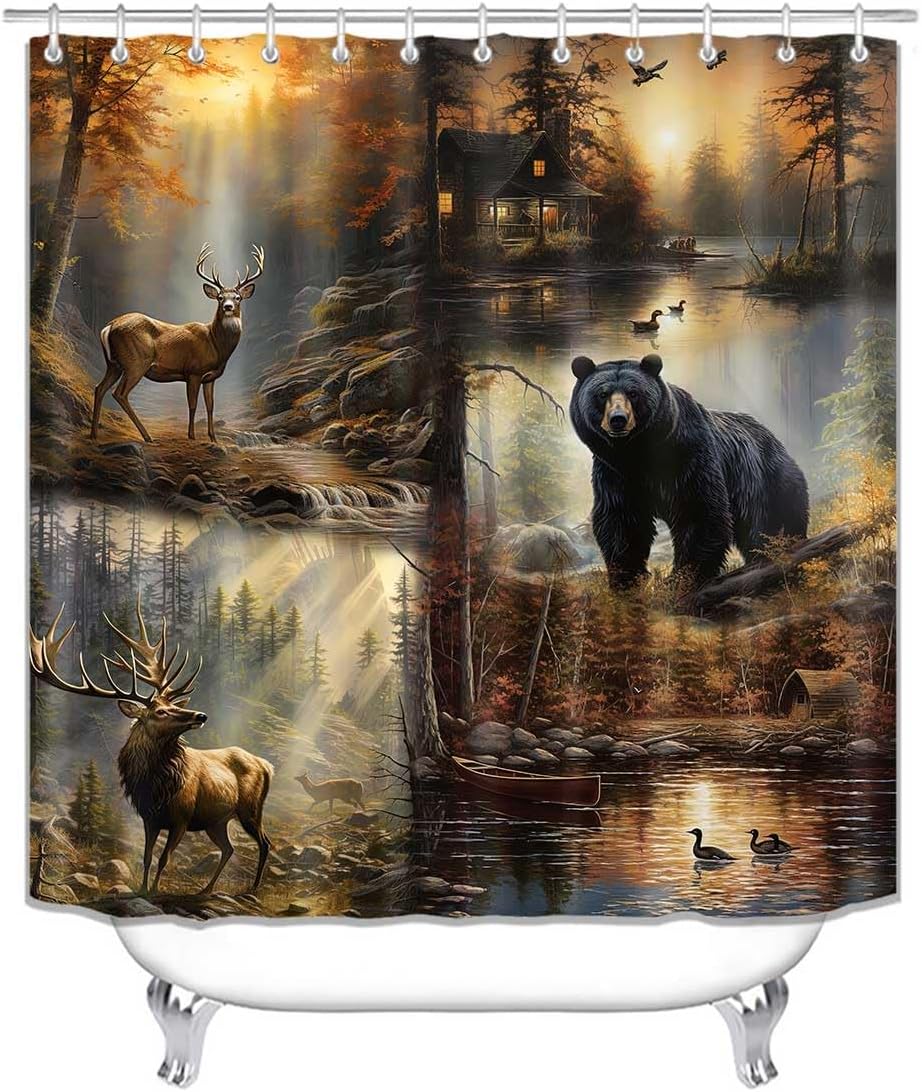 Jayden Madge 4PCS/Set Rustic Cabin Shower Curtain, Foggy Woodland Deer Elk Moose Black Bear Mallard Duck Wildlife Lodge Country Farmhouse Bathroom Decor, Non-Slip Bath Rugs, Camping Fishing Hunting