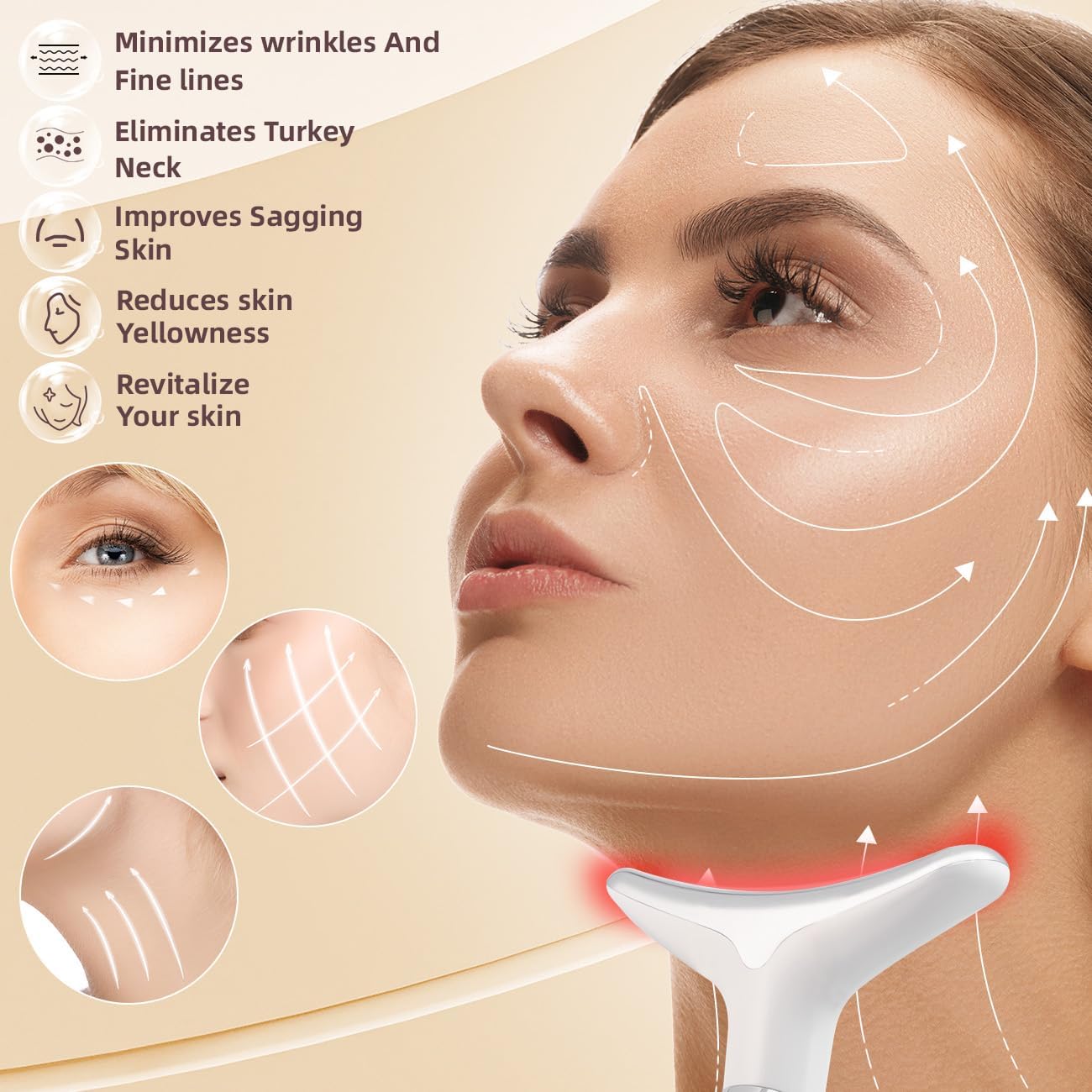 Red Light Therapy Facial Massager & Sculpting Device, Portable 7-Color LED Skin Care Tool 490nm 525nm 630nm for Face and Neck, Reducing Double Chin for Women and Man