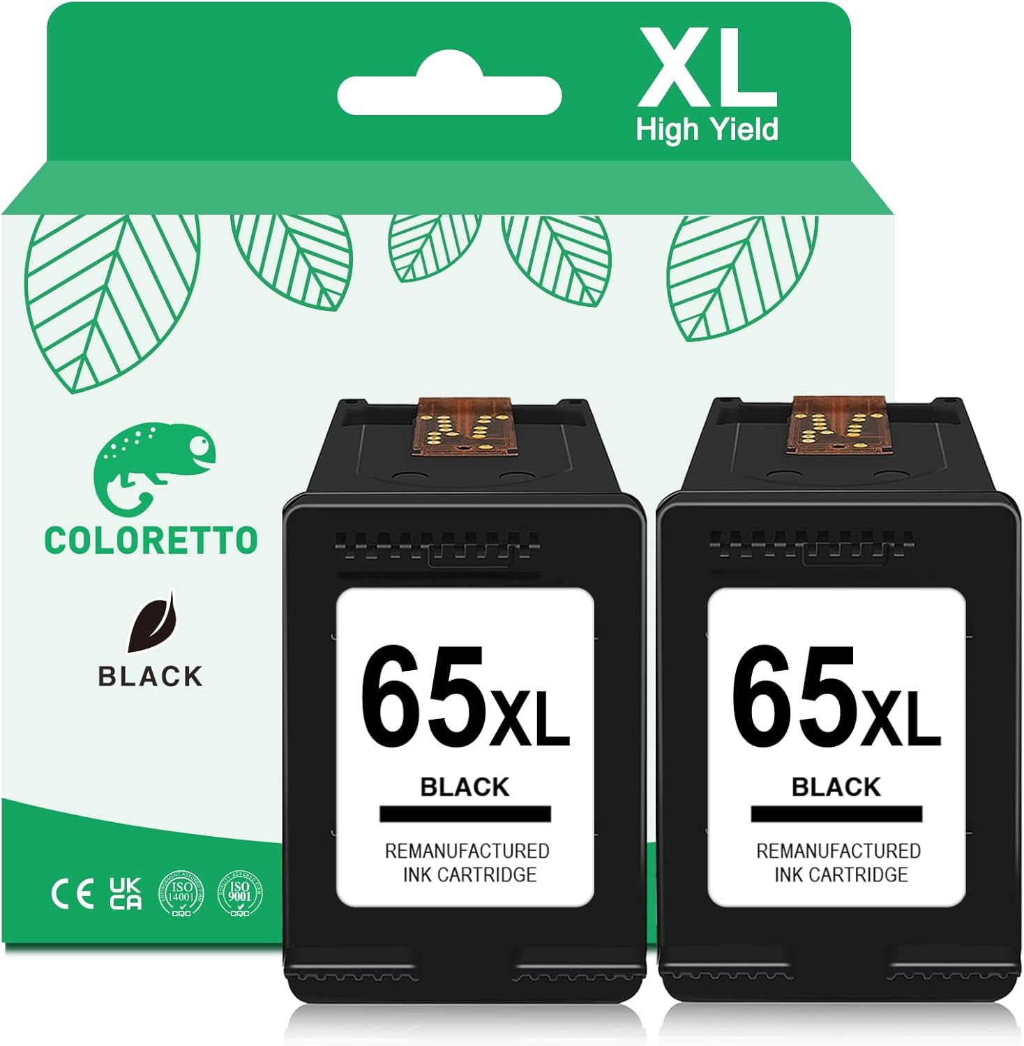 COLORETTO 65XL Ink for HP 65 Black Ink Cartridge 65XL Black Ink Cartridge for HP Printers Envy 5055 5052 5058 Deskjet 2652 3755 3772 3700 2600 3752 3750 for HP Ink 65 XL Ink HP65 Replacement 2 Pack