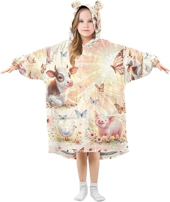 Cute Farm Animals Wearable Blanket Hoodie for Kids, Warm Cozy Sherpa Blanket Sweatshirt With Pocket