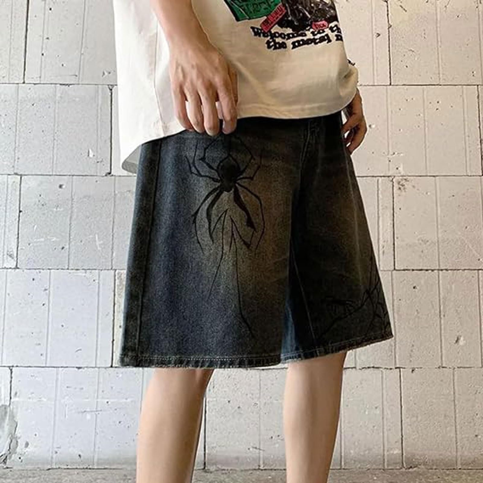 Y2K Jean Jorts Spider Baggy Casual Loose Straight Wide Leg Shorts Verstellbar Grunge Harajuku Streetwear
