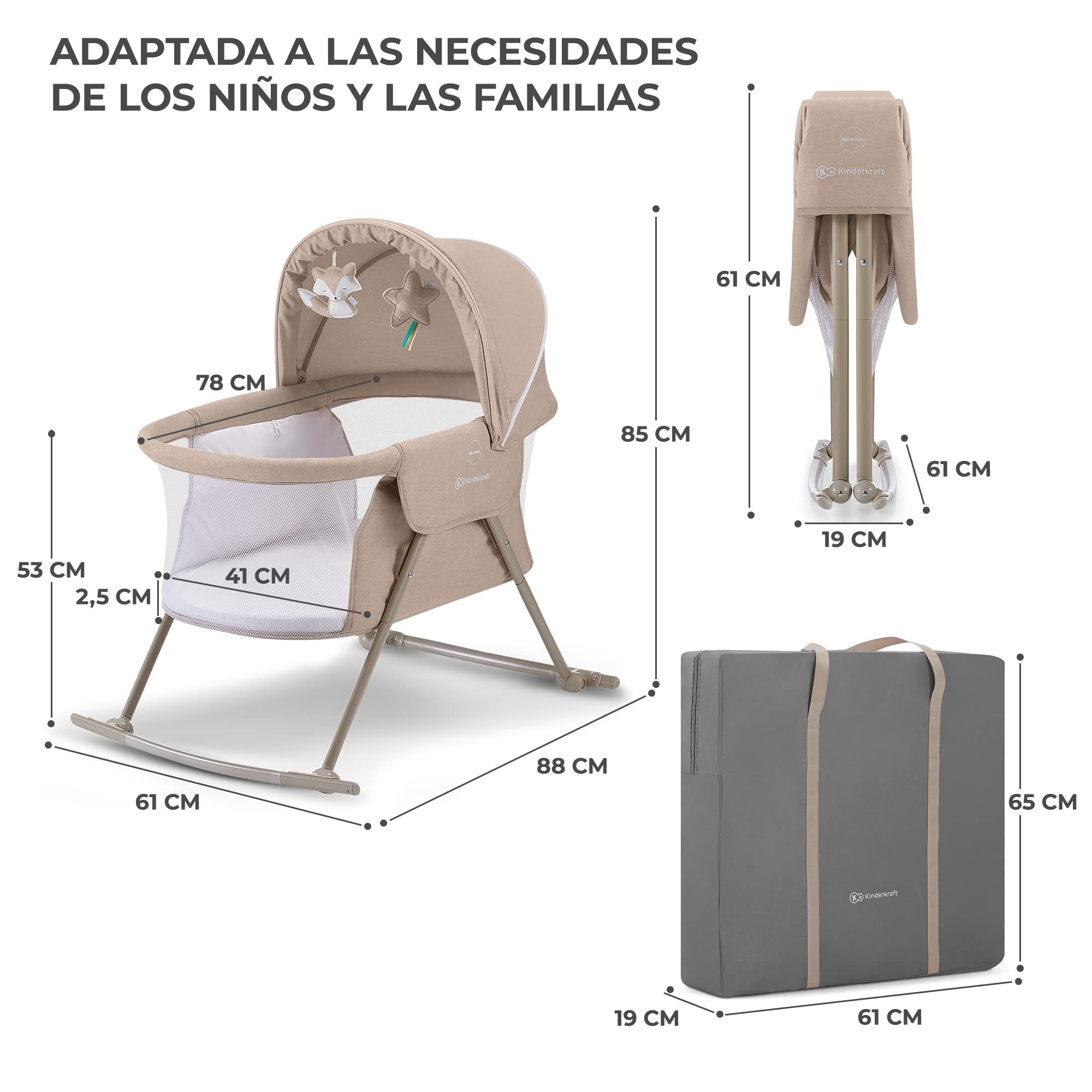 kk Kinderkraft Cuna Bebé LOVI, Moisés, Bolsa de Transporte, Juegos, Viaje, Beige