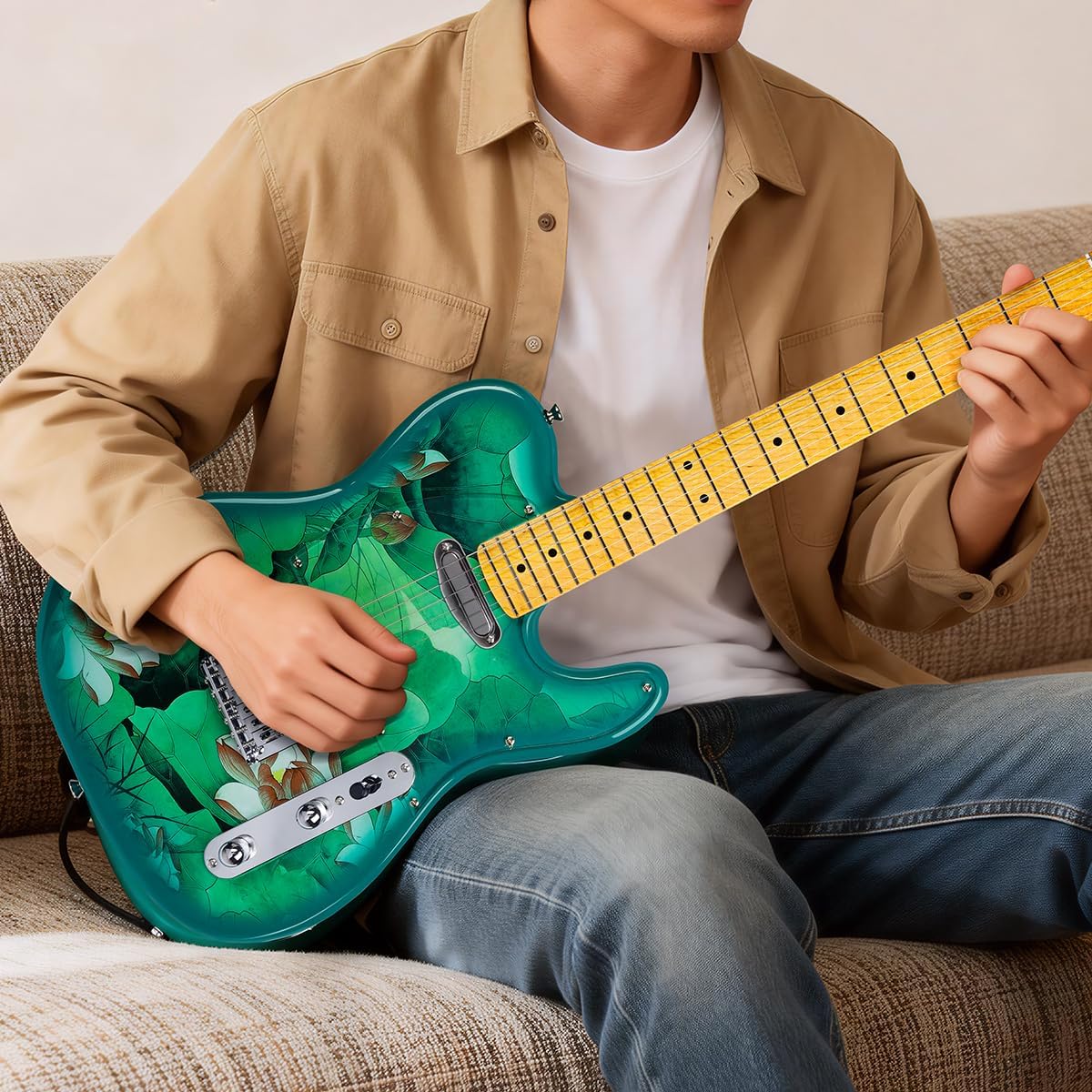39" TL Style Electric Guitar Solid Body Electric Guitars for Intermediate &Beginner Players with GIg Bag, Strap, Cable, Picks(lotus)