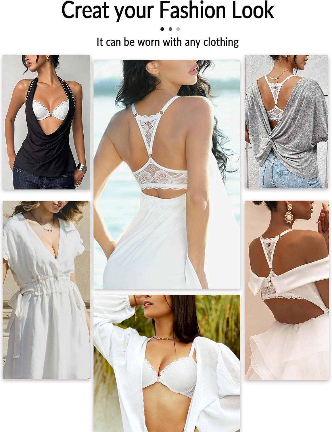 Women's Sexy Push Up Lace Bra, Front Closure Lace Underwire Bras, Backless Bra with Sexy Back Plunge Bras for Women
