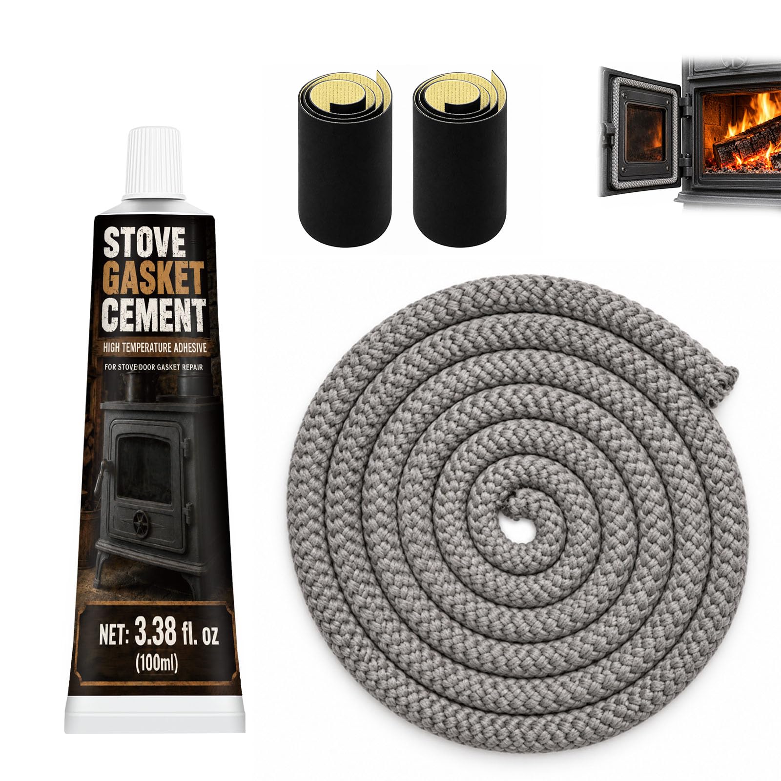 Kit di guarnizioni per stufe a legna, 12 mm, corda con adesivo ad