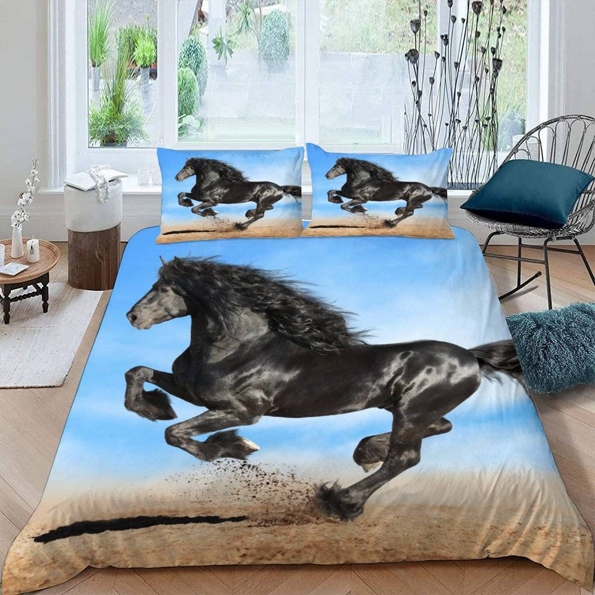 RFFLUX 3D Horse Double Bedding Duvet Cover Set 3 Pieces 200x200 Ultra Soft Microfiber Gallop Horse Comforter Cover with Zipper Easy Care Quilt Cover with 2 Pillowcase for Room Decor — image 1