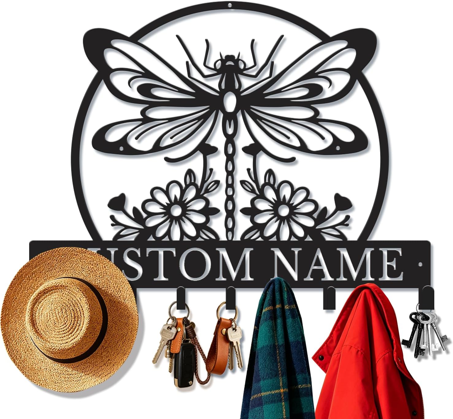 Personalized Dragonfly Key Holder Custom Floral Metal Wall Hooks,Style-2