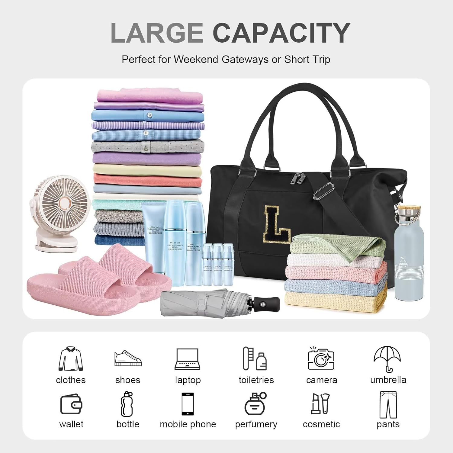 Dance Gym Duffel Bag for Teen Girls, Personalized Initial Travel Weekender Bag,Cute Overnight Carry On Duffle for Women,Sports Travel Cheer Bag,Monogram Christmas Gifts for Tween Preppy(black-L) - Image 9