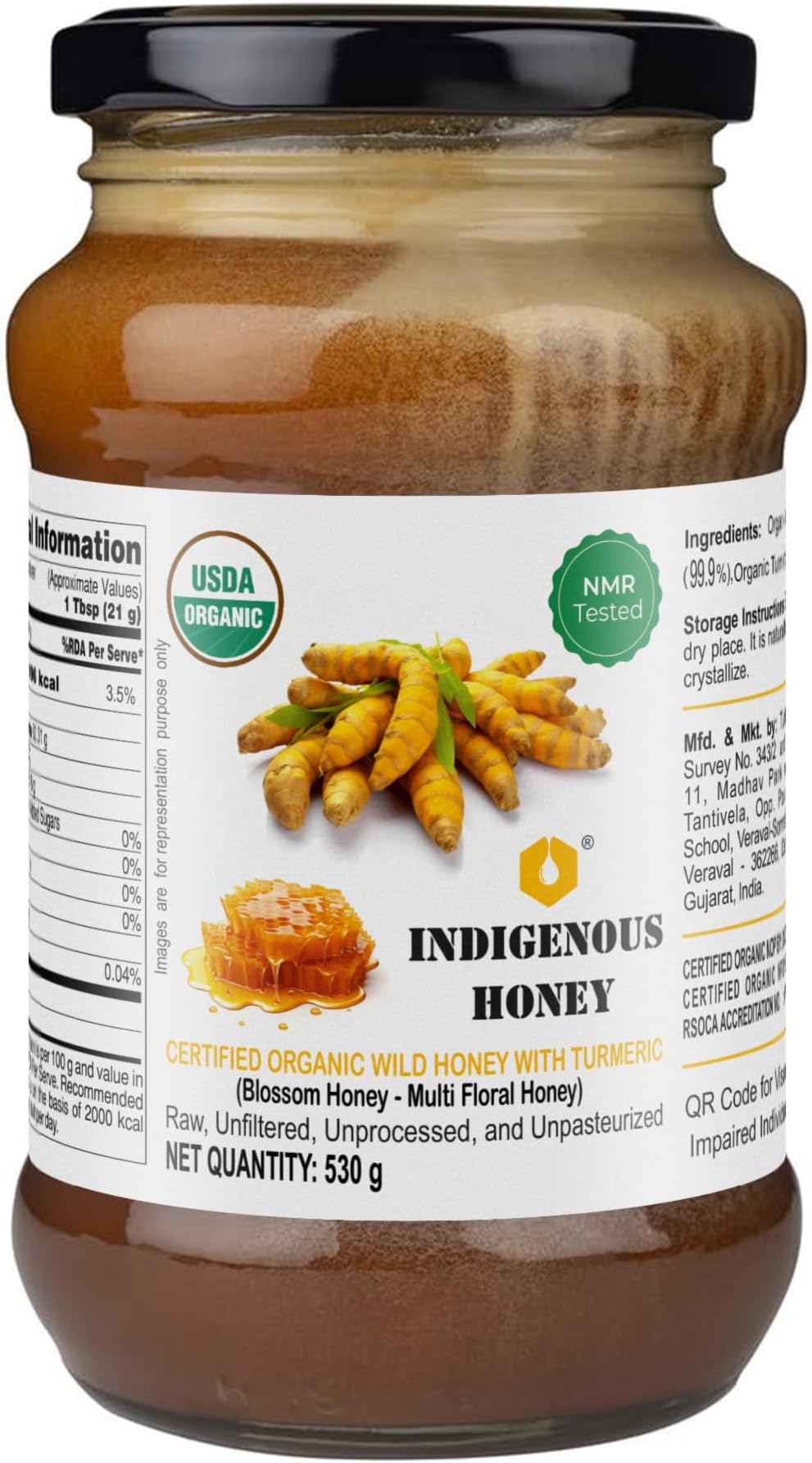 Raw Organic Honey with infused Turmeric NMR Tested NPOP Organic Certified Pure Natural Unprocessed Sugar free Honey added Immunity Booster- 530 g Glass Jar