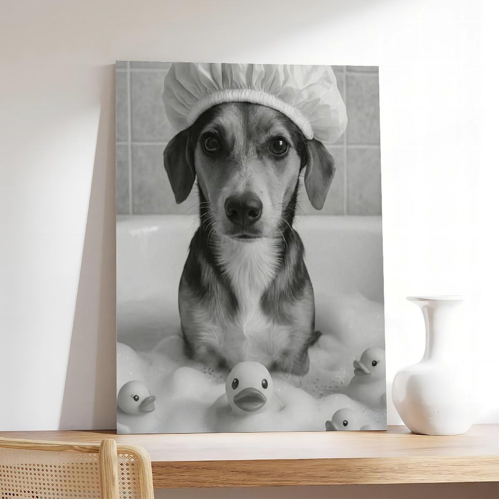 Lustiger Hund in der Badewanne, niedlicher Welpe mit Duschhaube, Leinwandposter, Wandkunst, Dekordruck, Bild Gemälde für Wohnzimmer, Schlafzimmer, Dekoration, 50,8 x 76,2 cm (L x B)