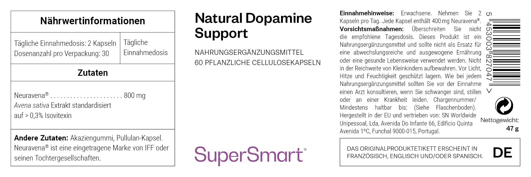Natürliches Dopamin (Neuravena) - Konzentration - Leistung - Extrakt aus Avena Sativa - 60 Kapseln - Vegan - Glutenfrei - Gentechnikfrei - SuperSmart