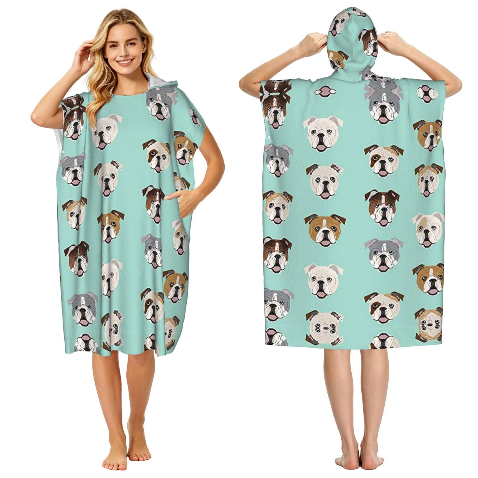 EZDLOWVBA Dog Print Hooded Poncho Microfiber Beach Towel,Adult Women & Men Changing Robe,Lightweight Summer Surf Swim Bath Poncho Towel