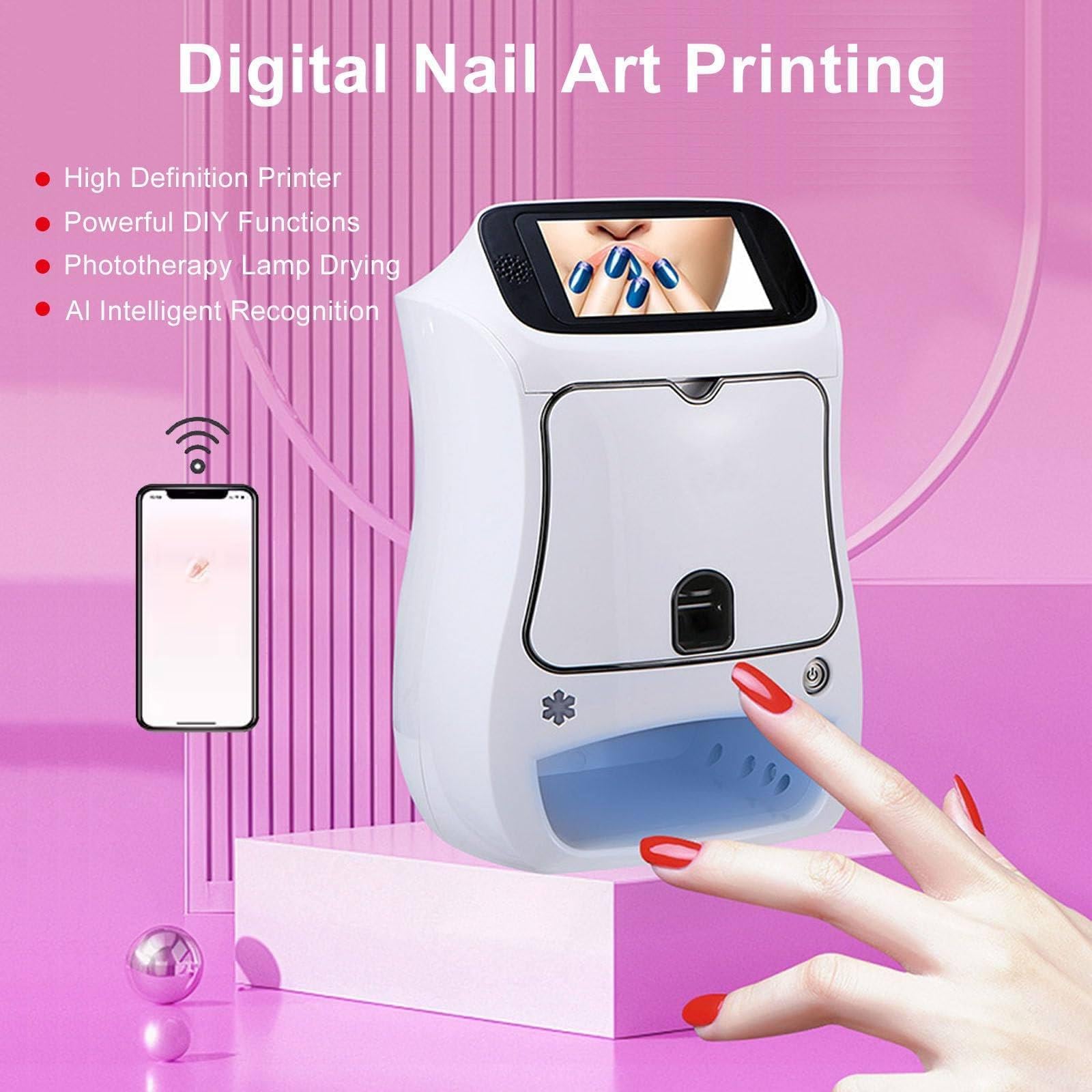 Drukarka do Nail Art 3D, Automatyczna Cyfrowa Drukarka do Paznokci z 5-Calowym Ekranem Dotykowym, Sterowanie APP & Utwardzanie UV - Maszyna DIY z 3000 Wzorów do Salonu, Domu & Wesela
