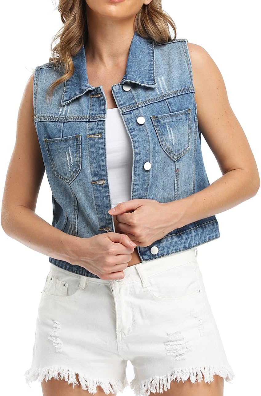 Womens Denim Jean Vest Classic Cropped Distressed Spread Collar Sleeveless Jean Jacket - Image 2