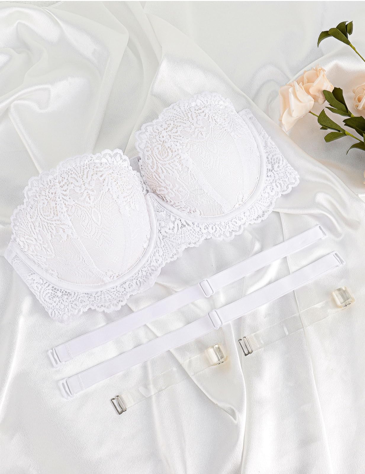 Brasier push up sin tirantes con tirantes transparentes muy acolchado, añade 2 copas de encaje sexy multidirección