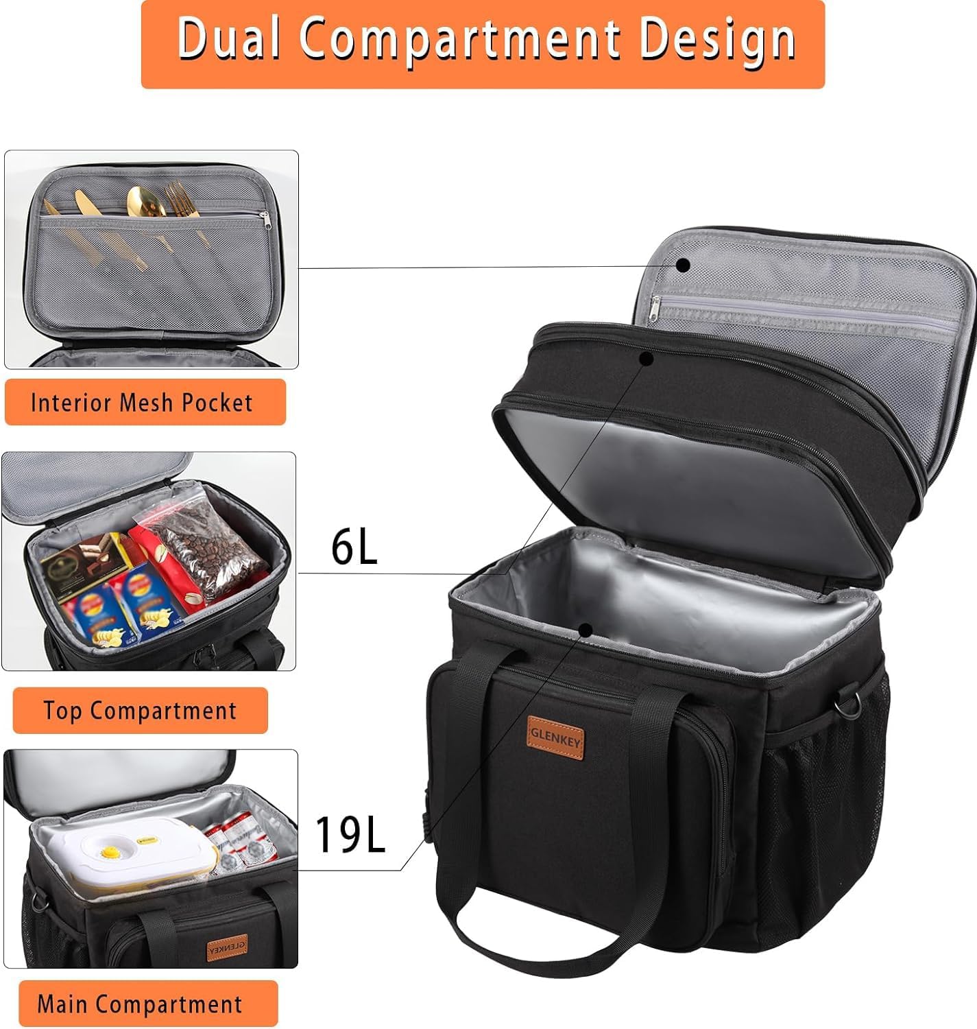 Expandable XLarge Lunch Box, Insulated Heavy Duty Lunch Bag Waterproof Leakproof Durable Cooler Bag for Men Women Adults Work Construction Camping Trip, 22L, Black, GLENKEY