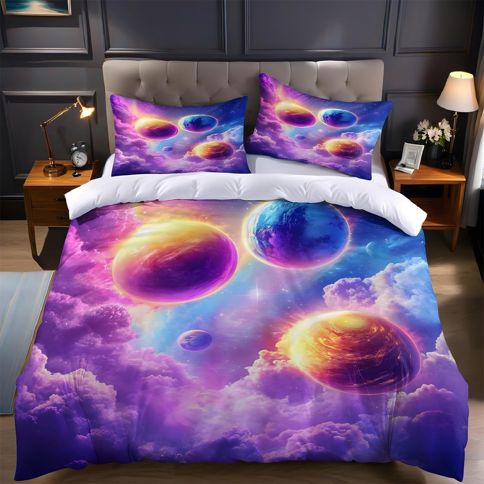 Ypthriline Single Duvet Cover Set Planet Bedding Set Microfiber Purple Duvet Covers with Pillowcases Reversible Bedding With Zipper Closure 135x200CM