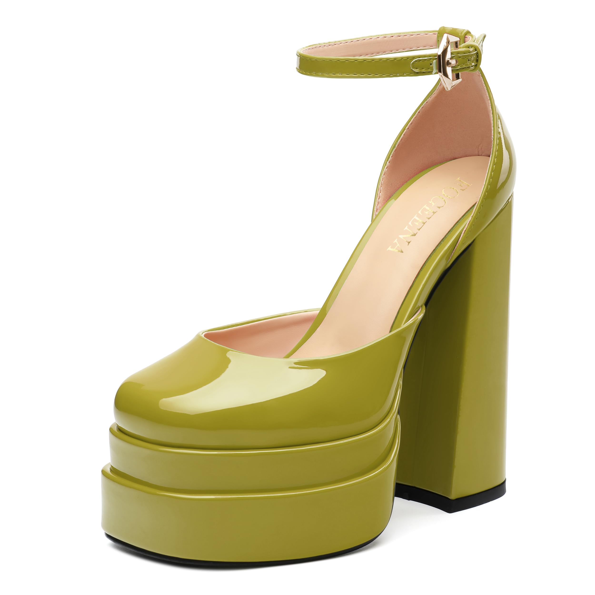 FOGEENA Platform Chunky Heels for Women Block High Heels Patent Closed Round Toe Ankle Strap 5.9 Inch Pumps Fashion Dating Prom Party Dress Shoes