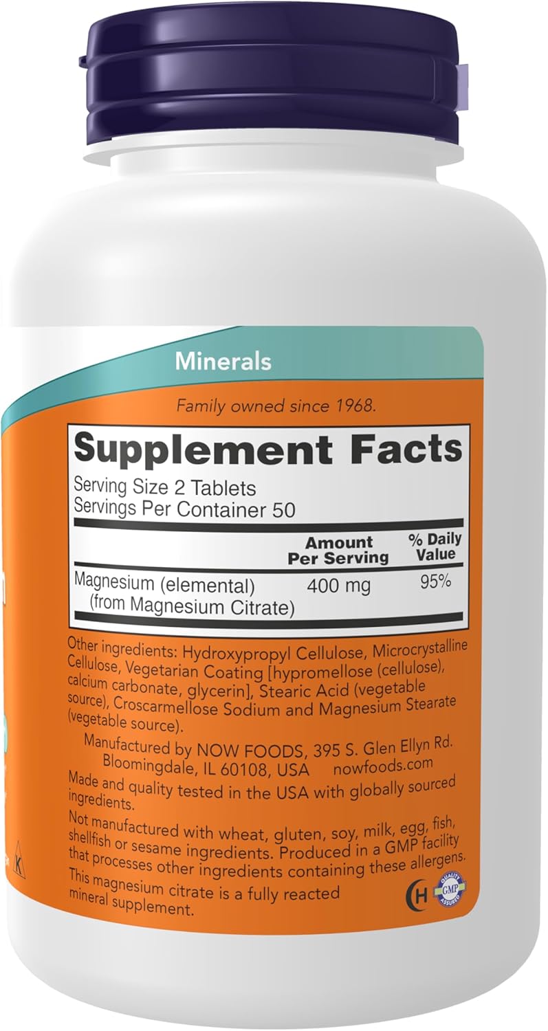 NOW Foods Supplements, Magnesium Citrate 200 mg, Enzyme Function*, Nervous System Support*, 100 Tablets - Image 2