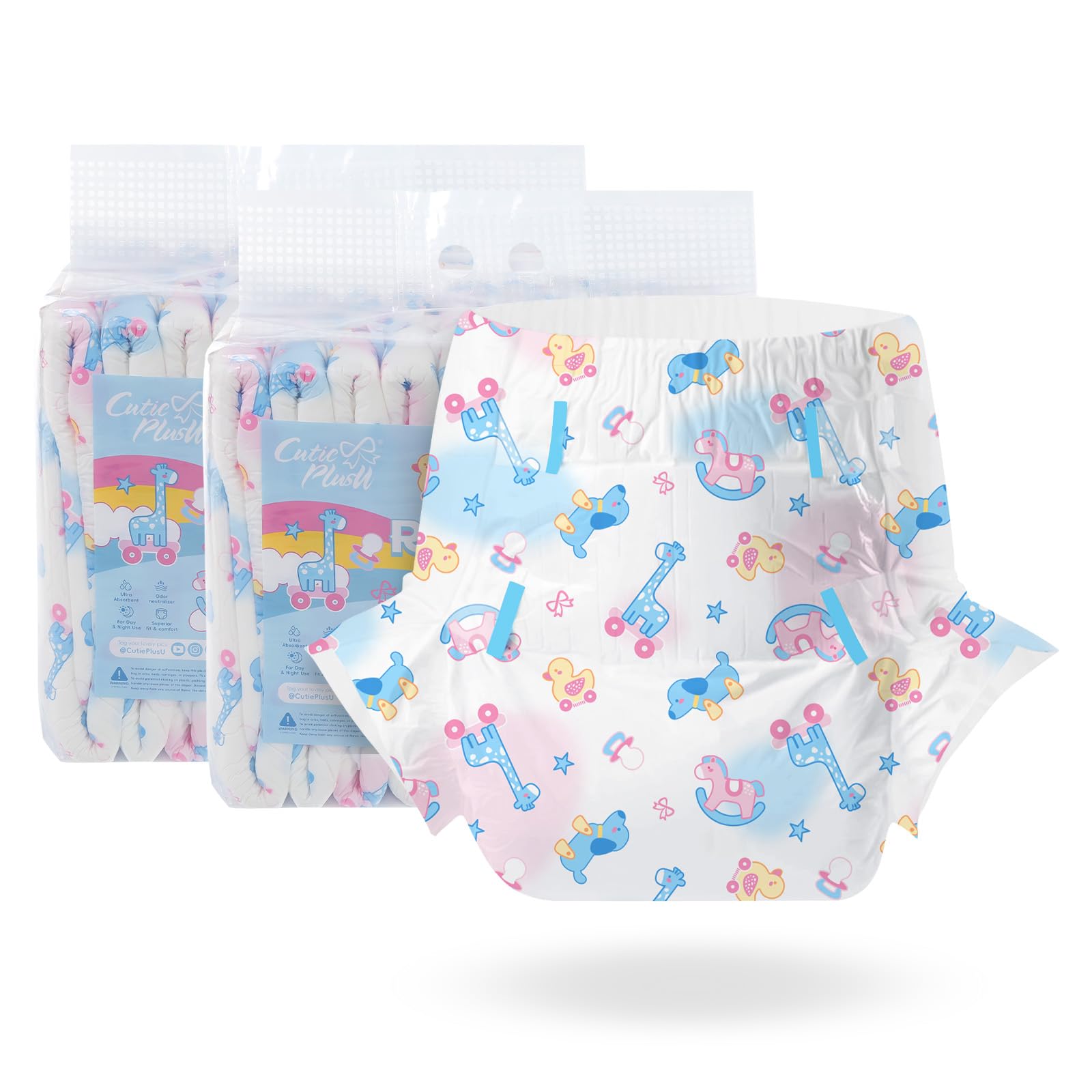 CutiePlusU Pieluchy dla dorosłych, 20 szt., majtki na nietrzymanie moczu z zakładkami, siła ssąca w nocy - Rocking Fun (rozmiar 91-112 cm)